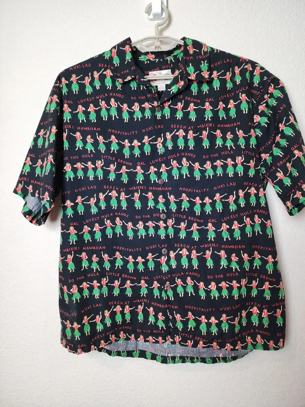 Hilo Hattie “Little Brown Hula Gal” Button Cotton Hawaiian Shirt Men’s XL Black